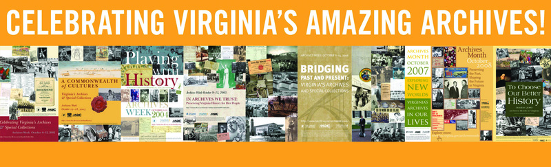 Yellow banner with varous VA related books. White text at top reads 'Celebrating Virginia's Amazing Archives!'