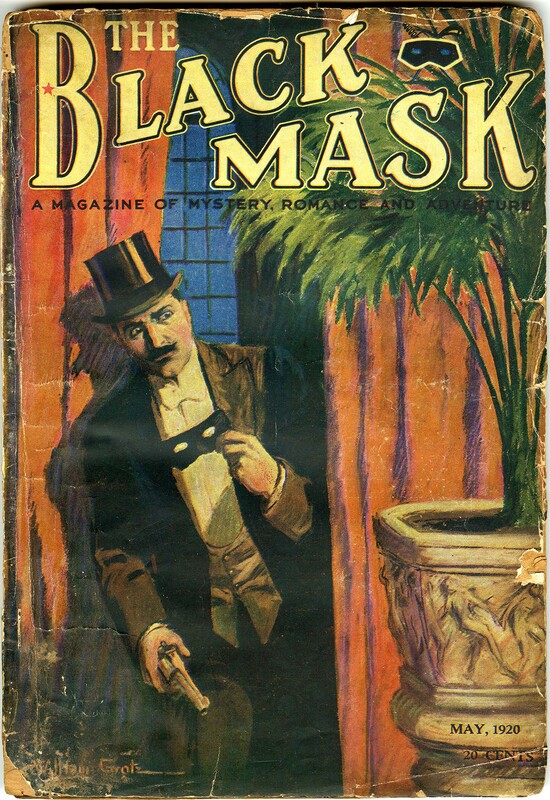 The black mask magazine cover. Shows a man with a mask in his hand peeking through some curtains.