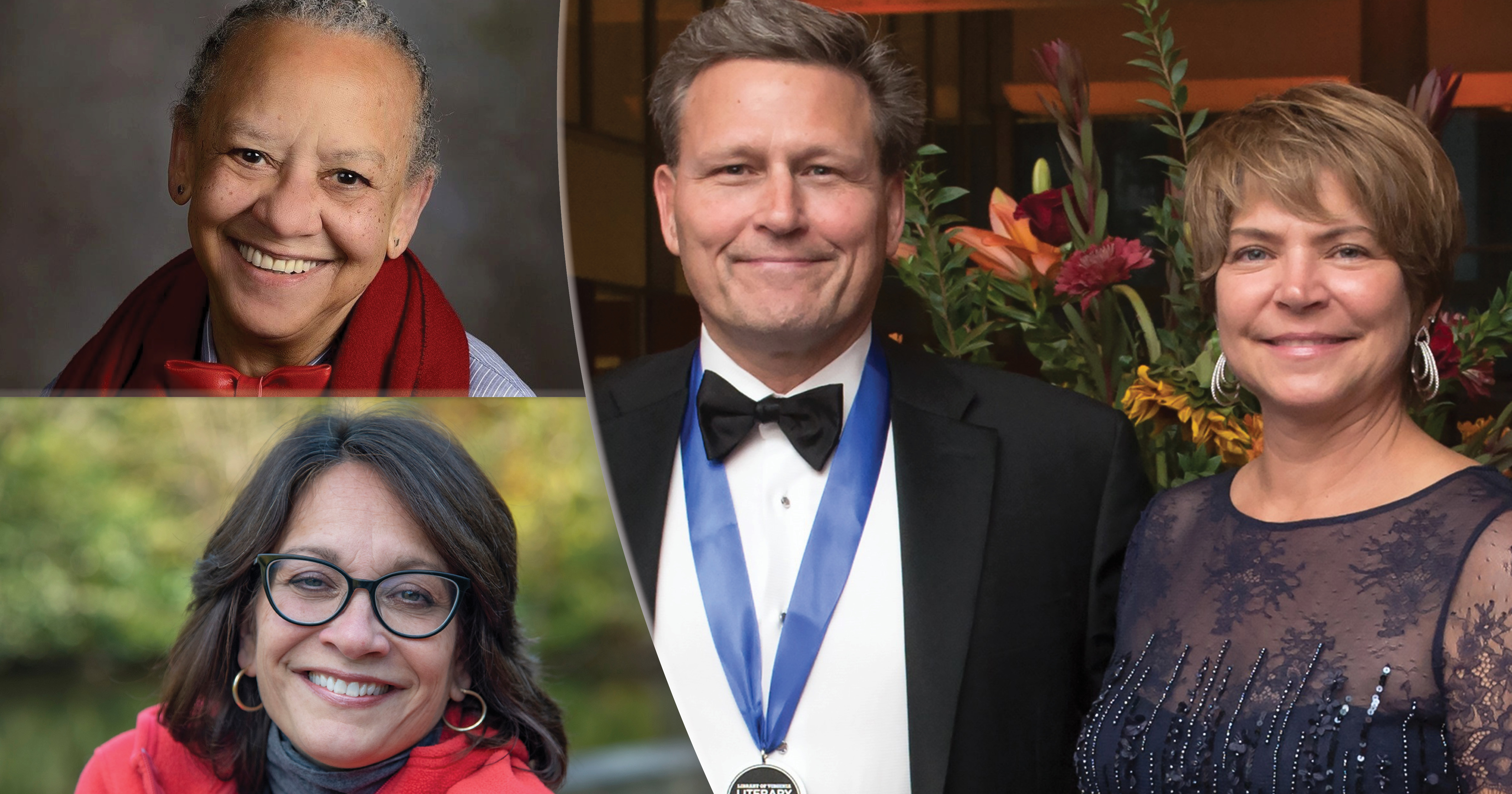 Clockwise from upper left: Nikki Giovanni, David and Michelle Baldacci, Meg Medina.