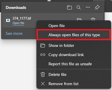 Showing the 'Always open files of this type' option on MS Edge