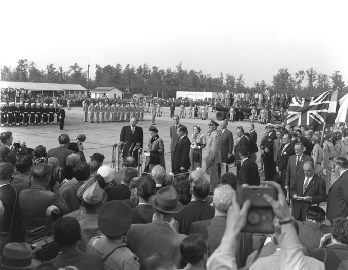 Queen Elizabeth II Addresses the press and assembled military units at Patrick Henry Airport (Now Newport News/ Williamsburg International Airport)