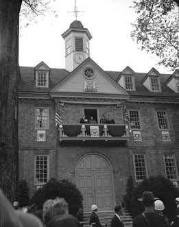 Queen Elizabeth II speaks from the balcony of the Christopher Wren Building at the Campus of William and Mary