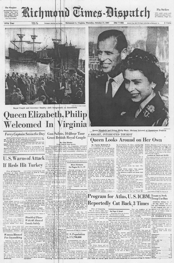 An image of page 1 of the Thursday, October 17, 1957 edition of the Richmond Times-Dispatch