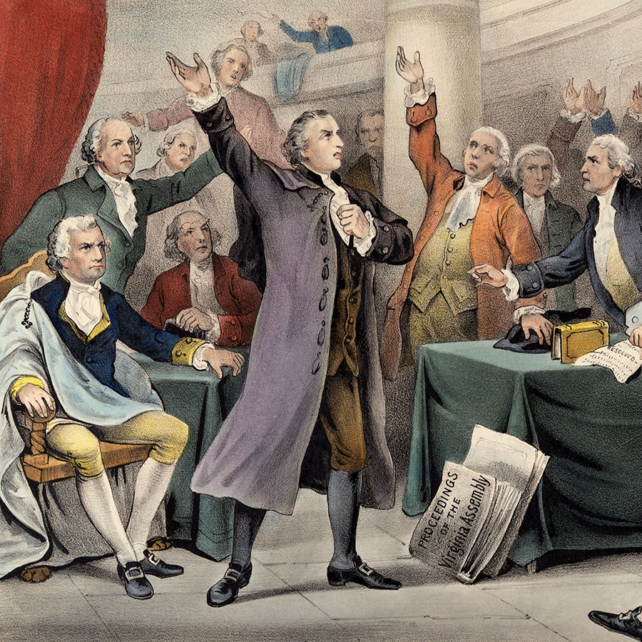 Brightly colored image depicts Patrick Henry delivering his famous speech  