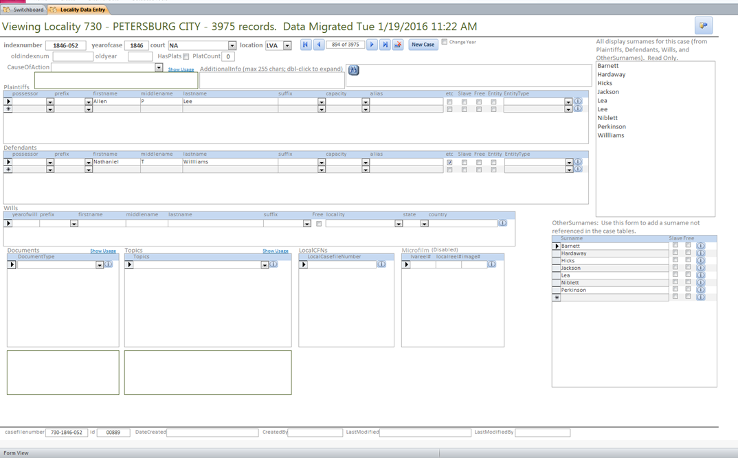 Image shows various text field to enter data. These data field populate the chancery Records Index.