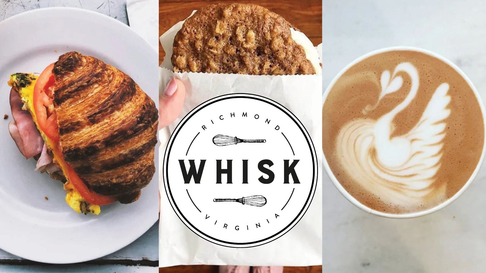 Graphic showing food offerings from WHISK including a croissant sandwich, pastry, and a coffee. 