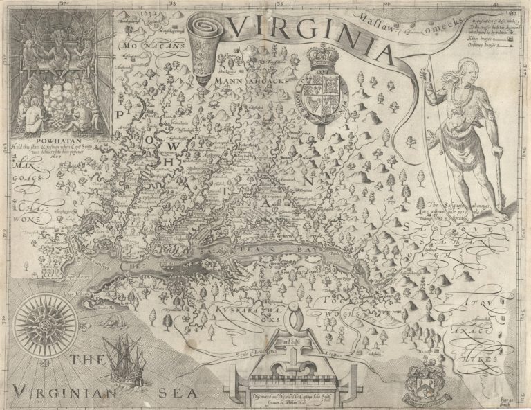NOVA VIRGINIAE TABULA Ex officina Guiljelmi Blaeuw. Willem Blaeu (1571–1638). 1630. Amsterdam. Derivative 1, State 2 of Smith’s map of Virginia. Copperplate engraving.