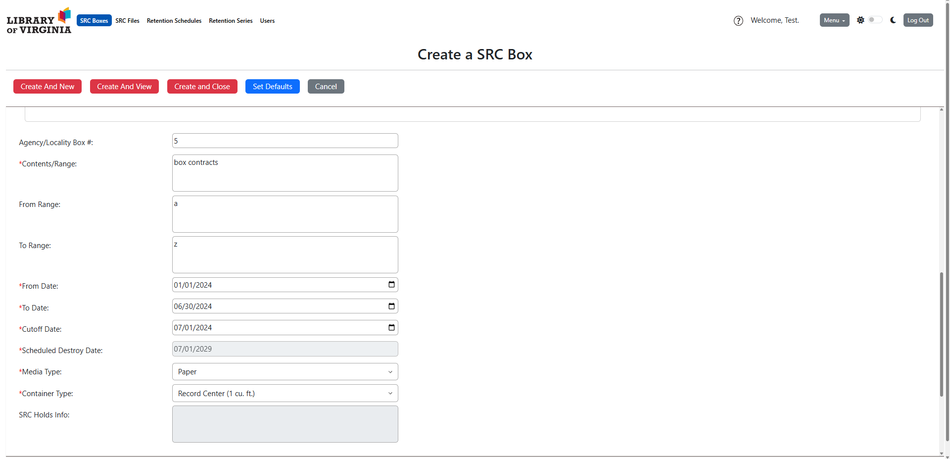 SRC box required fields demonstration.