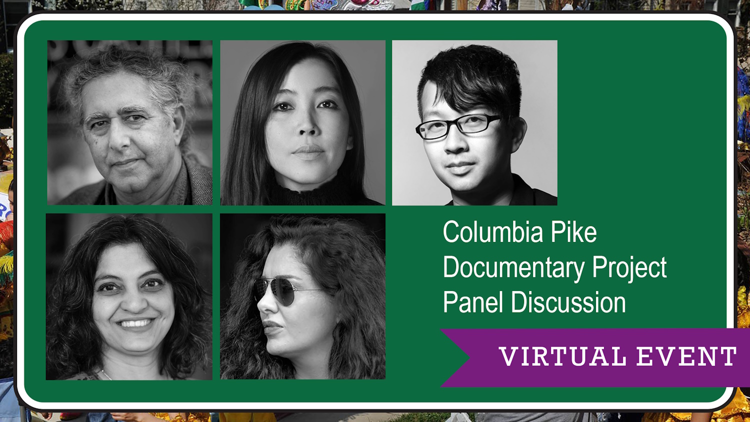 black and white headshots of two men and three women who participated in the Columbia Pike Documentary Project online panel discussion