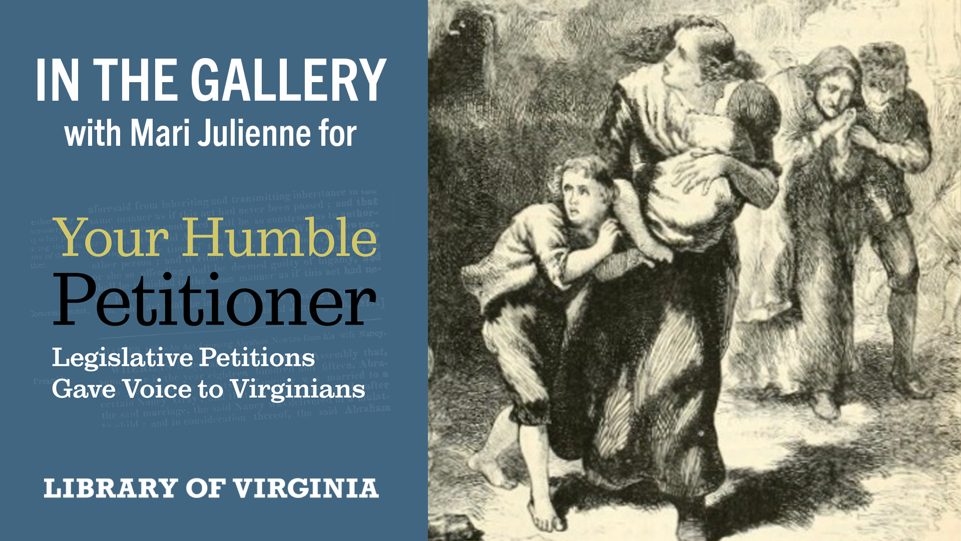 black and white engraving of a woman in 19th century attire with a child and holding an infant fleeing from a fire