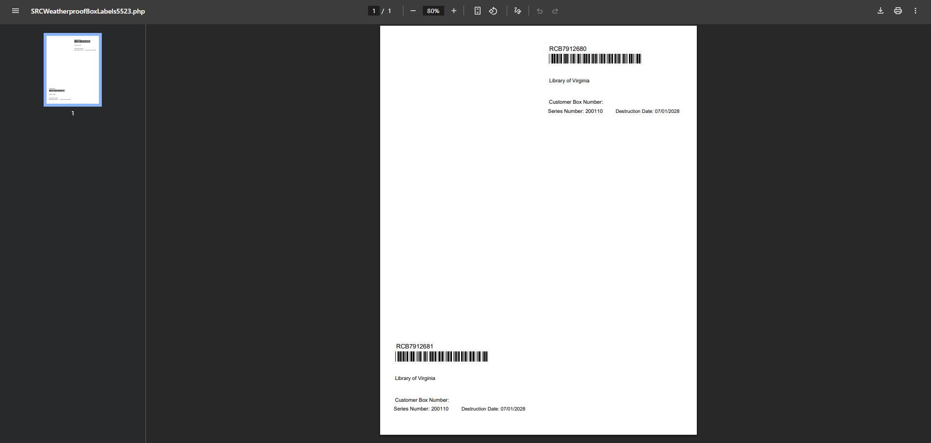 Print preview for SRC box labels.