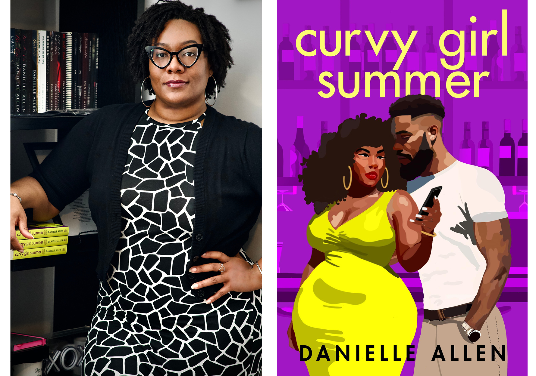 Danielle Allen, author, poses in front of a bookshelf. The cover of "Curvy Girl Summer" has a man and woman in front of a purple bar scene background. The woman wears a yellow dress and looks at her phone.