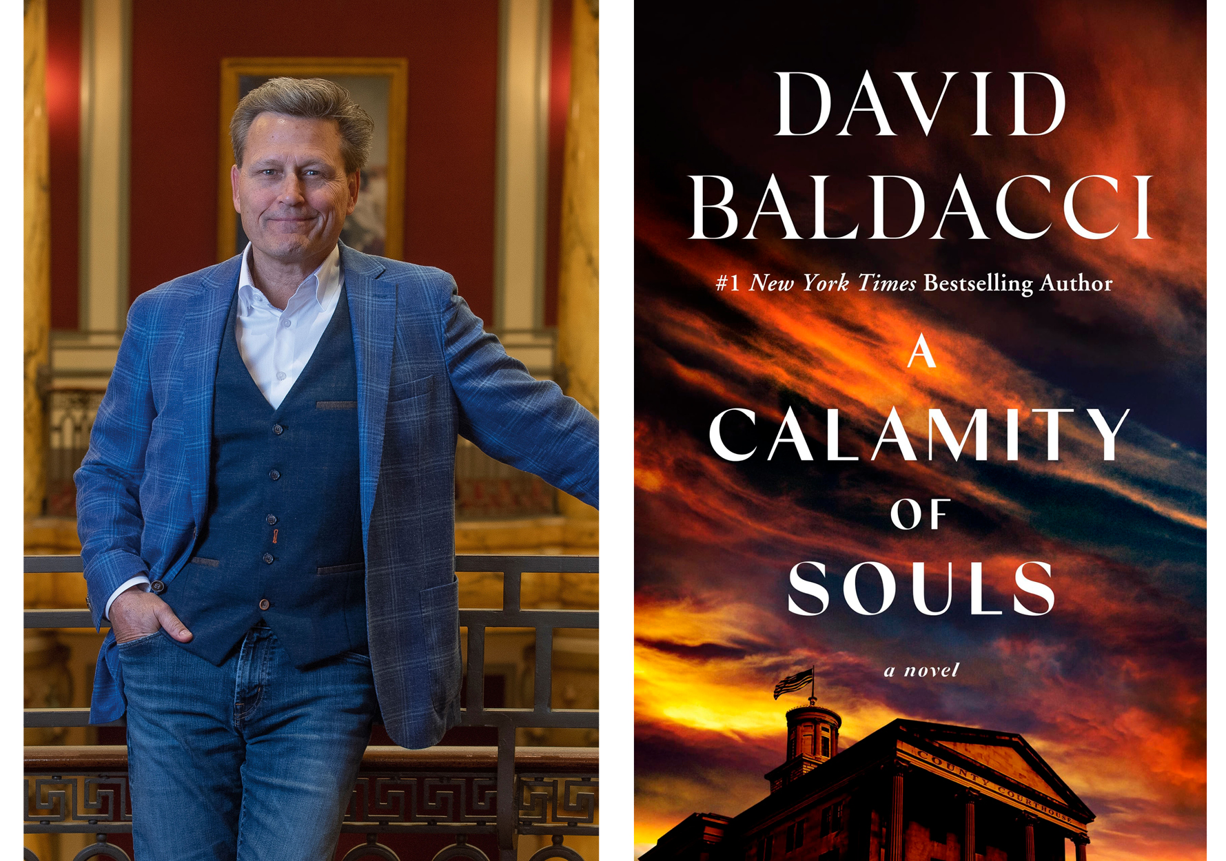 David Baldacci, author, poses casually in jeans and a blazer. The cover of "A Calamity of Souls" is a vibrant sunset sky over a county courthouse with white text.