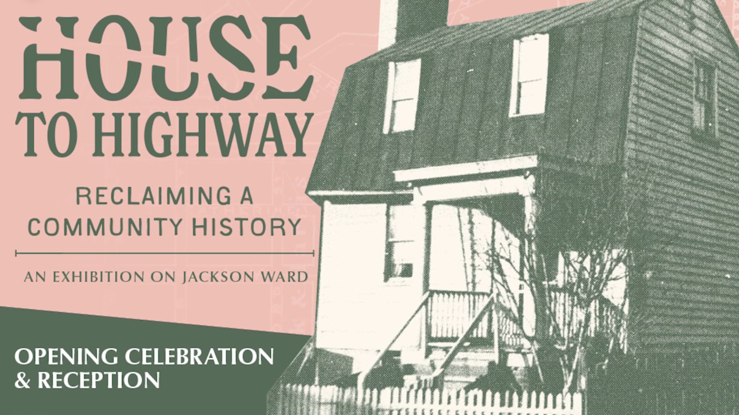 black and white photo of a clapboard house with a gambrell roof superimposed over a pink shaded city map