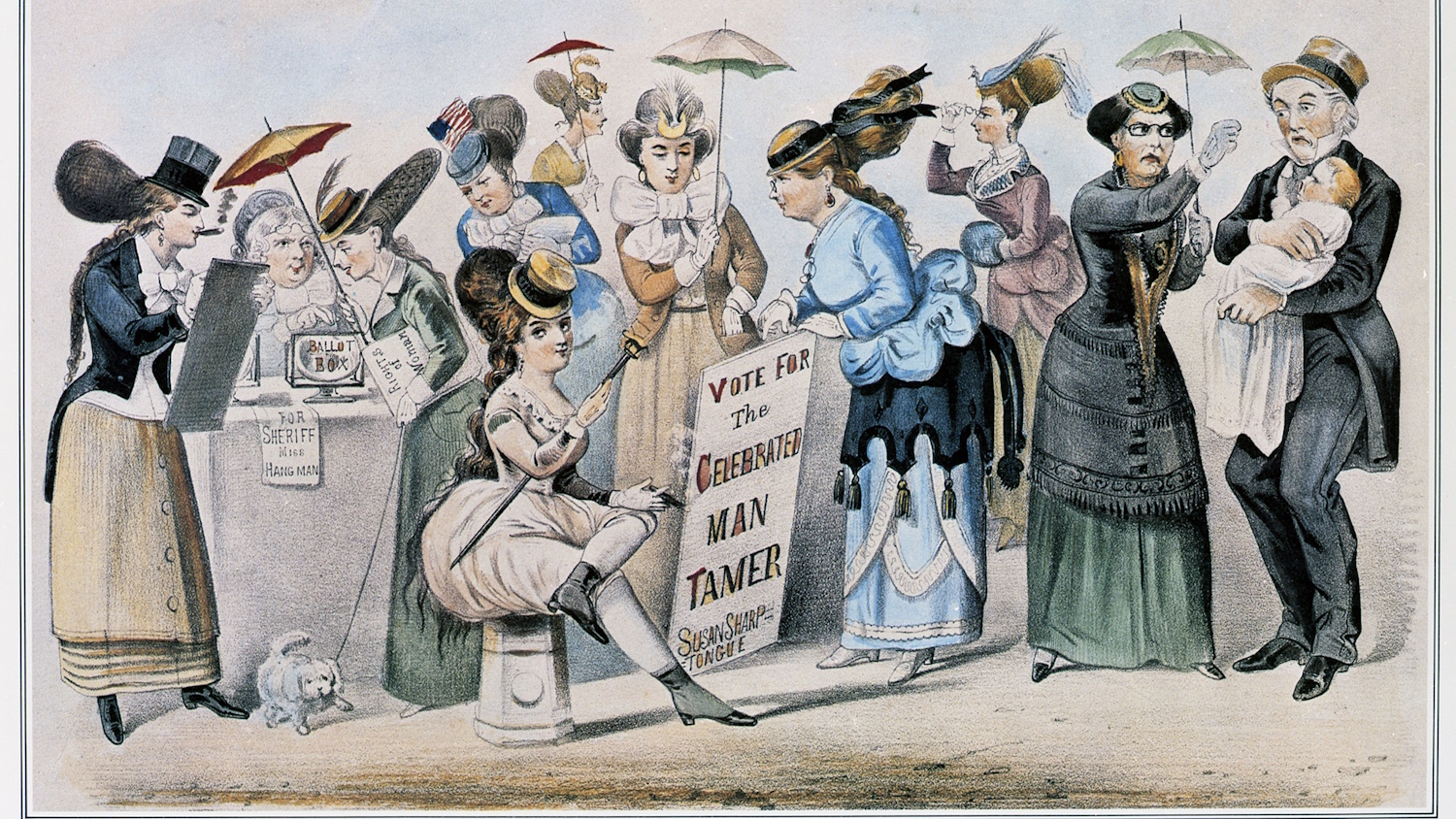 women in mid-19th century dress standing in line to vote in front of a woman smoking a cigar with a man holding an infant at the end of the line.