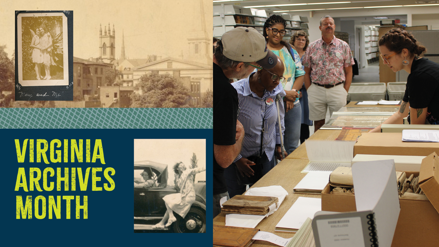 Collage of images from the archives, and archivist showing archival items to tour group