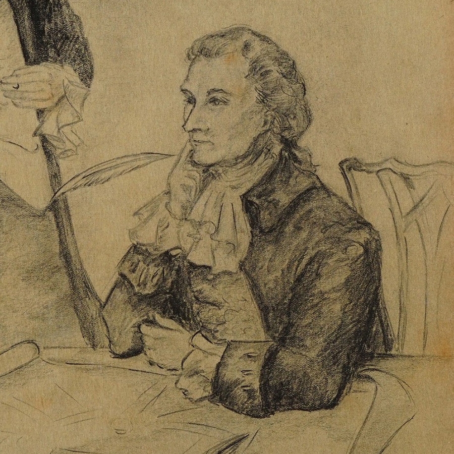 Sketch of seated governor at a desk with papers and a feather pen