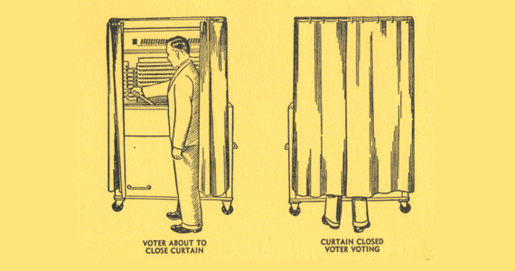 Image is a drawing of a man entering a photo booth and then the curtain closed behind him.