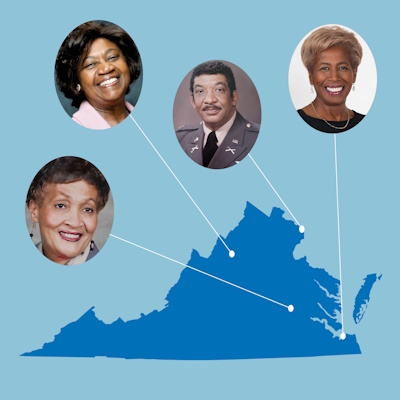 map of Virginia showing residence locations of the four 2026 Strong Men and Women in Virginia History honorees