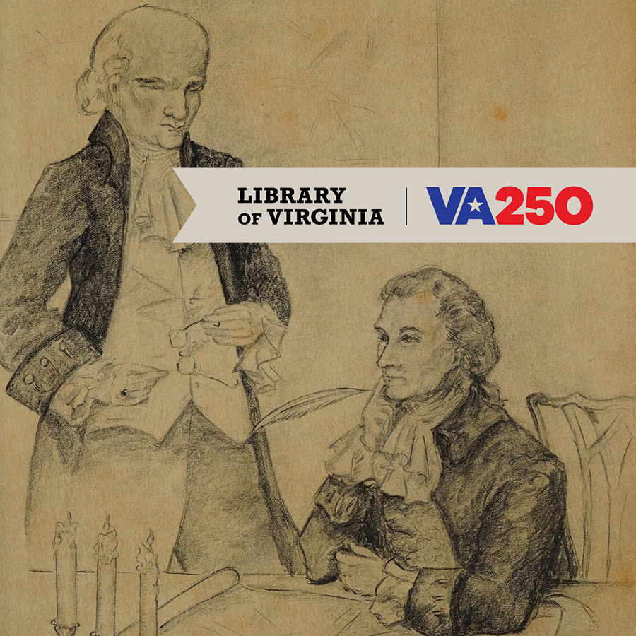 Sketch of seated governor at a desk with papers and a feather pen, with banner that says Library of Virginia and VA250