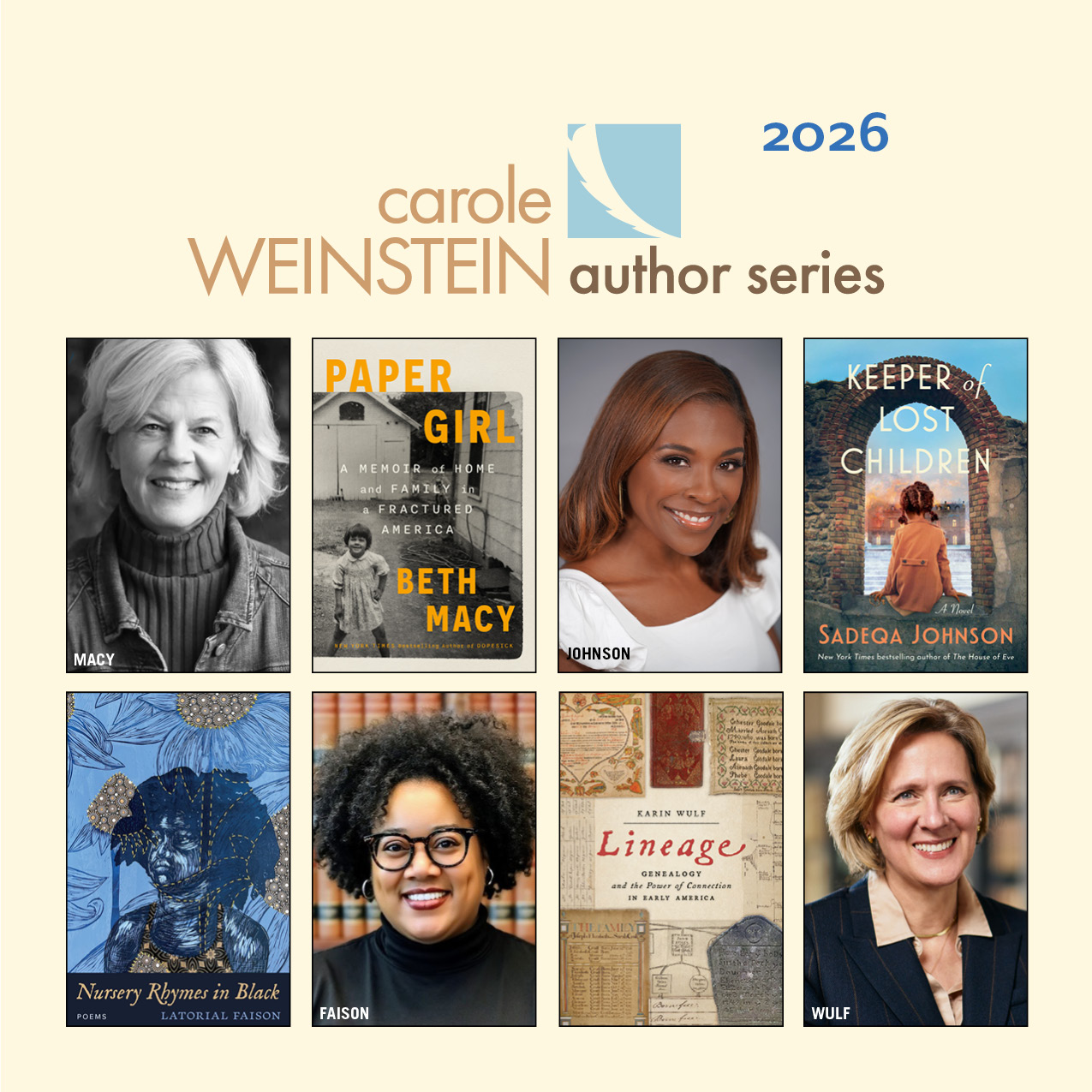 Author Headshots and book jackets for 2026 Weinstein Series