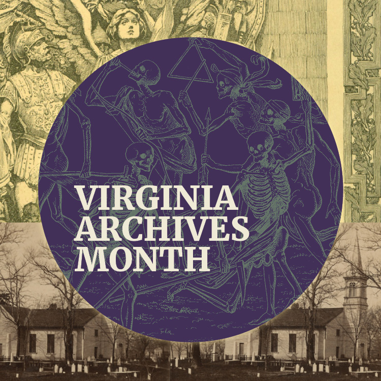 Collage graphic for Virginia Archives Month 2026 that includes multiple illustraions and a photograph of a church cemetary