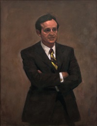 Oil portrait of a white man with his arms crossed wearing a suit and tie.