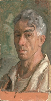 Self-portrait oil painting of a white man with gray hair.