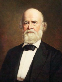 Oil portrat of a white man with a beard wearing 19th century attire.