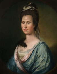 Oil portrait of a white woman wearing late 18th century attire.