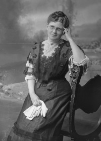 Studio portrait of a seated white woman wearing late 19th century attire.