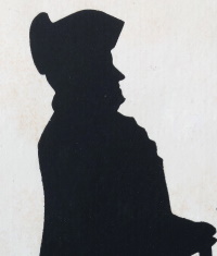 Silhouette of a white man in an 18th century hat and attire.