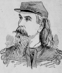 Newspaper engraving of a white man with a beard and long hair wearing a Confederate uniform.