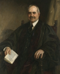 Oil portrait of a white man with a mustache, seated and holding a document.