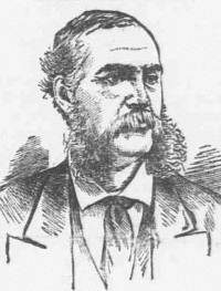 Pen and ink drawing of a white man with a mustache wearing late-19th century attire.