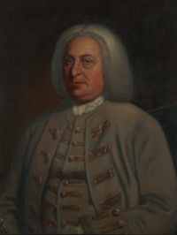 Oil portrait of a white man wearing 18th century attire.