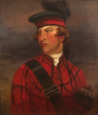 Oil portrait of a white man wearing red military tartans and a cap with a feather plume.