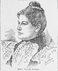Pen and ink newspaper illustration of a white woman wearing late 19th century attire.