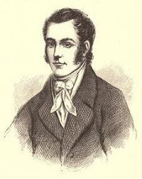 Engraving of a white man with sideburns wearing early 19th century attire.