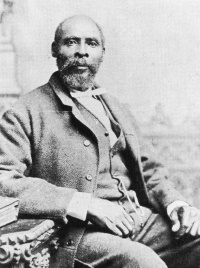 Studio portrait of a seated African American man with a beard and mustache wearing mid-19th century attire.