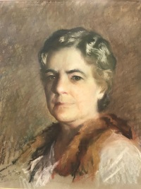 Oil portrait of a white woman wearing mid-20th century attire.