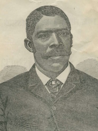 Engraving of an African American man with a mustache wearing late 19th century attire.