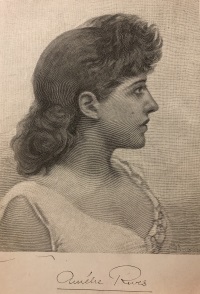 Drawing of a young white woman wearing late 19th century attire. 