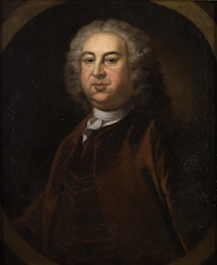 Oil portrait of a white man wearing 18th century attire.