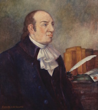 Oil painting of a white man wearing 18th century attire seated by a desk with a quill pen..