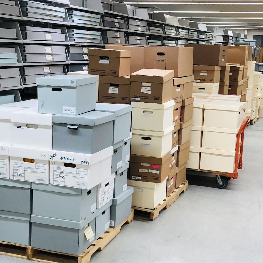 Records transferred to the Library of Virginia Archival boxes stacked on pallets with shelving behind.