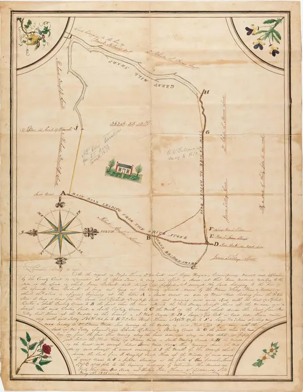 Plat drawing of estate in Lancaster county. Includes geographic features with drawing of the main house. Includes embellishments at the corners which contains drawings of flowers.