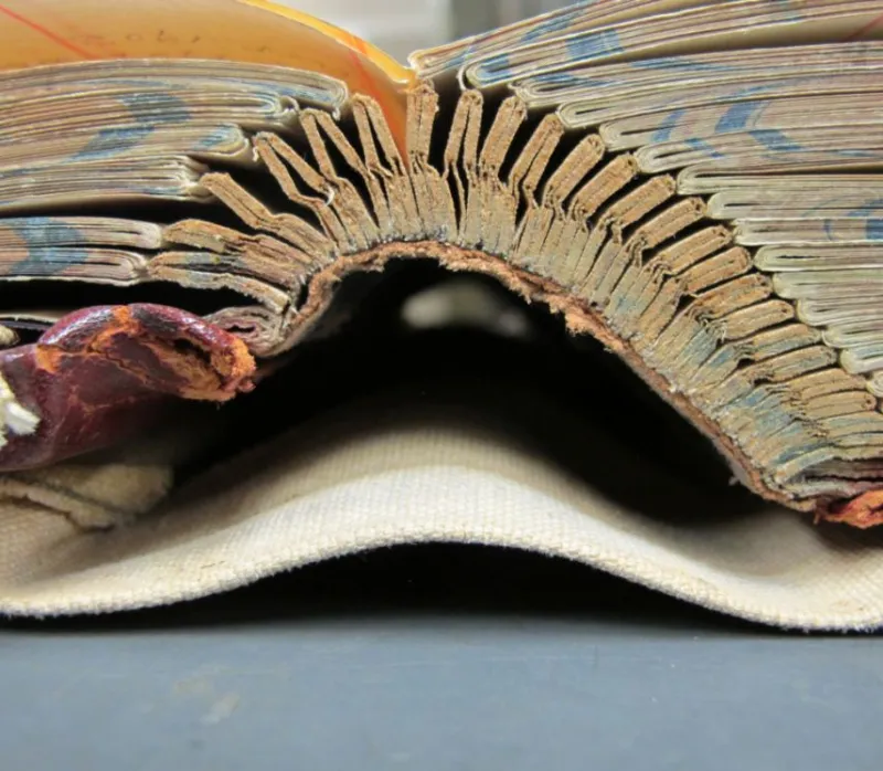 Close up side view of open hinge of a chancery order book