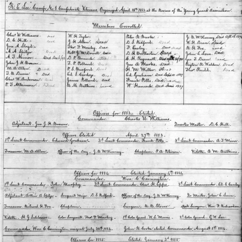 Image shows the R.E. Lee Camp No. 1 Confederate Veterans Organized April 18, 1883 at the Rooms of the "Young Guard" Association.