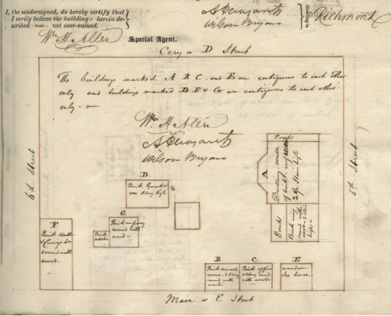 Segment from the Mutual Assurance Declaration for Moldavia, the boyhood home of Edgar Allan Poe. Image shows a drawing of the property boundary lying between 5th and 6th Streets and Cary and Main Streets in Richmond. Includes descriptions of various buildings on the property.
